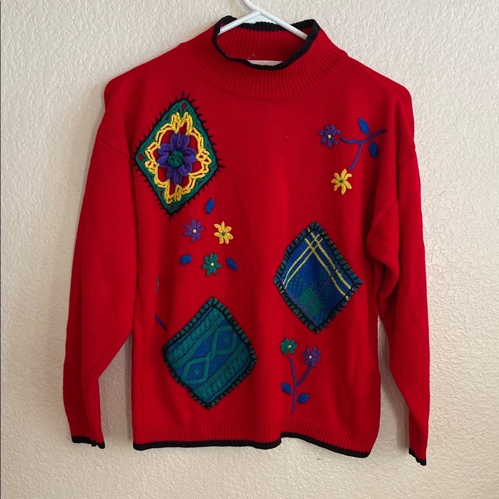 Colorful Embroidered Red Sweater